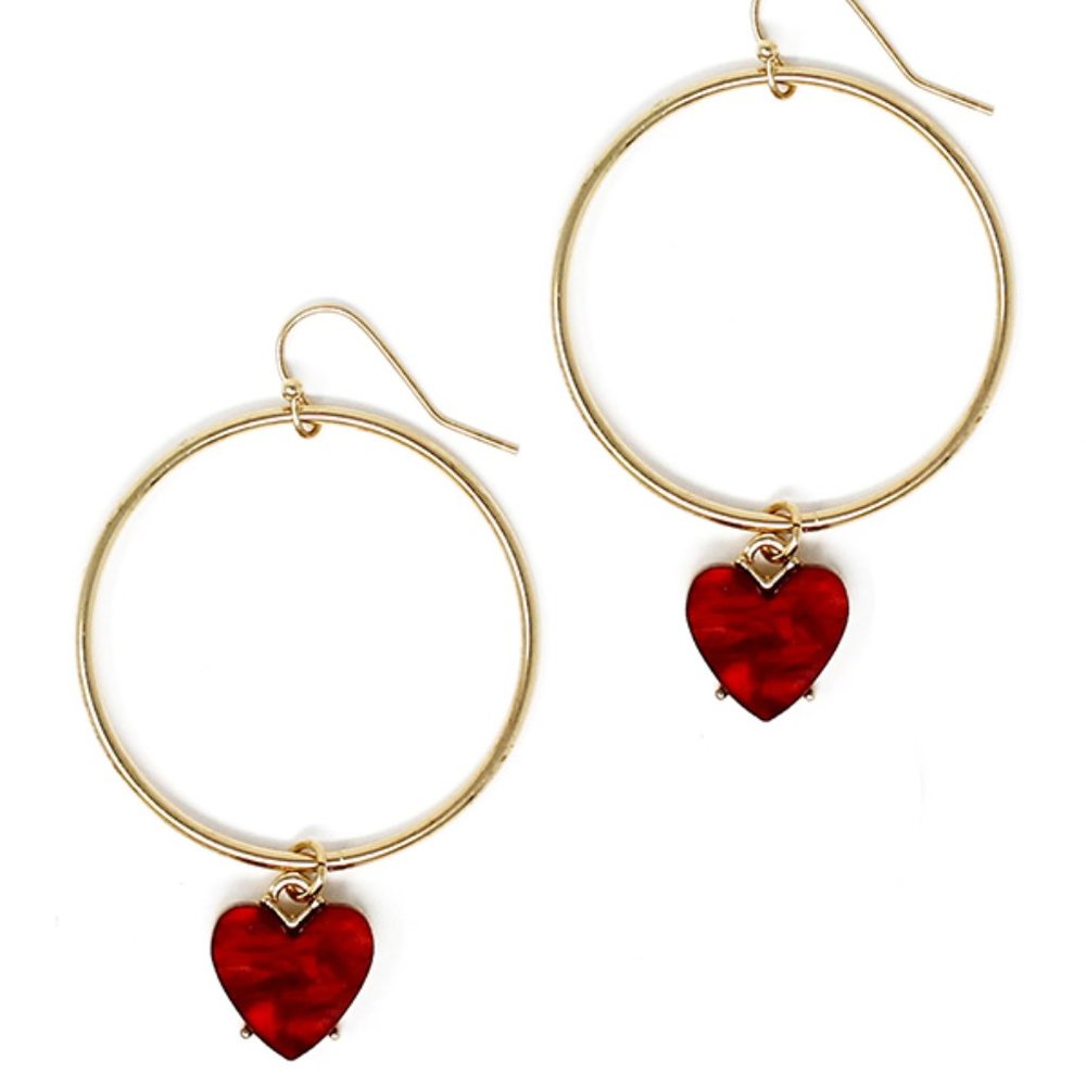 Red Heart Dangle Hoop Earrings - Picture 1 of 2